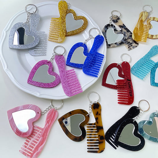 Travel Heart Shape Mini Mirror & Comb Keychain Purse Pendant