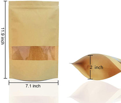 7.1 x 11.9" Kraft Bags with Window Stand Up Ziplock Seal Paper Bag Resealable Food Storage Pouch