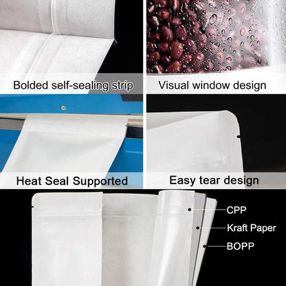 6.3 x 10.3" White Kraft Paper Bags W/Window Stand Up Ziplock Resealable Pouch Coffee Bag