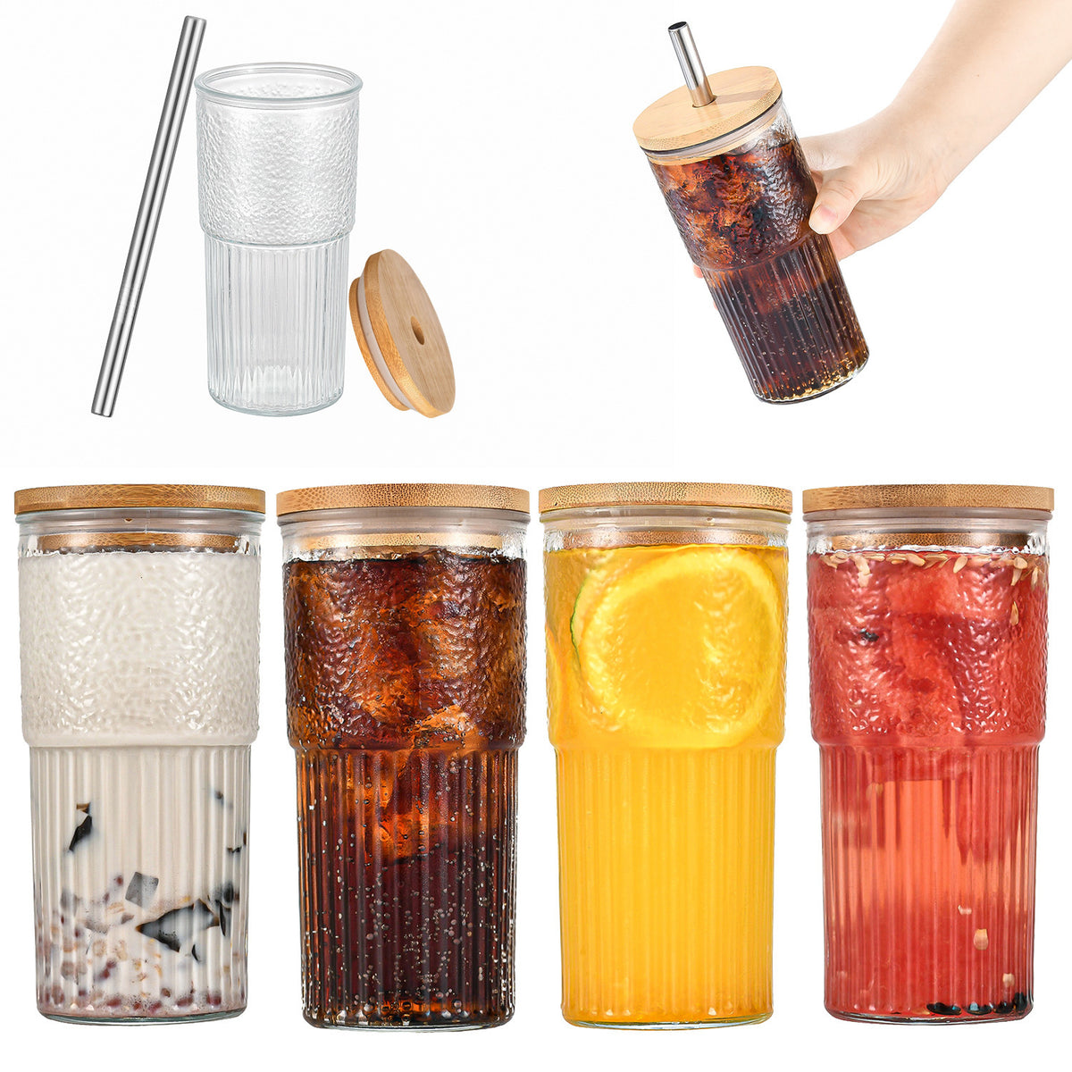 20 oz Drinking Glass Cup with Bamboo Lid and Stainless Steel Straw