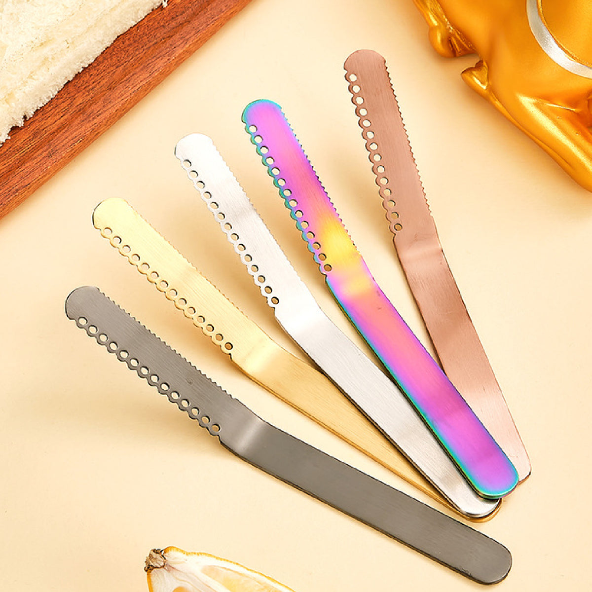 304 Stainless Steel Butter Spreader Iridescent Color Butter Knife with Holes and Serration