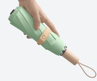 Windproof Solid Wood Handle Solid Color Three Fold Umbrella