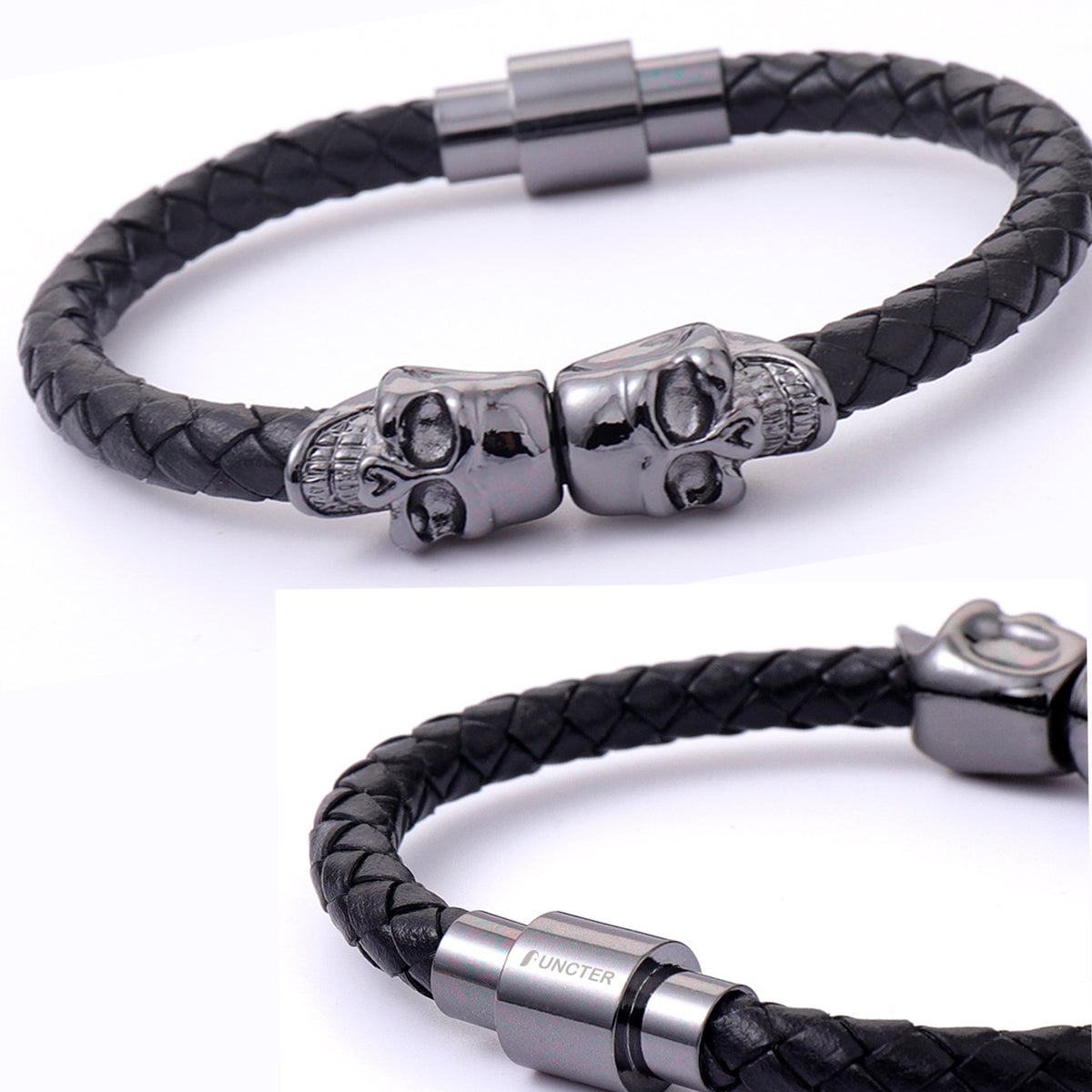 Double Skull Leather Woven Bracelet