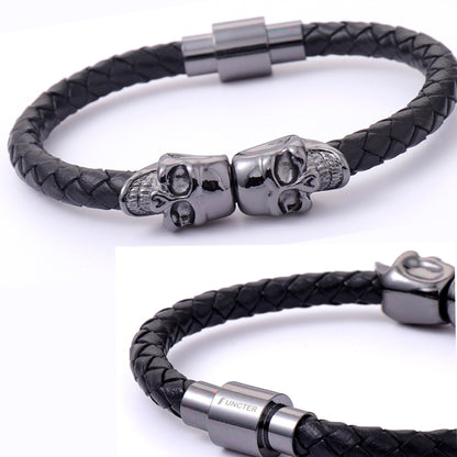 Double Skull Leather Woven Bracelet
