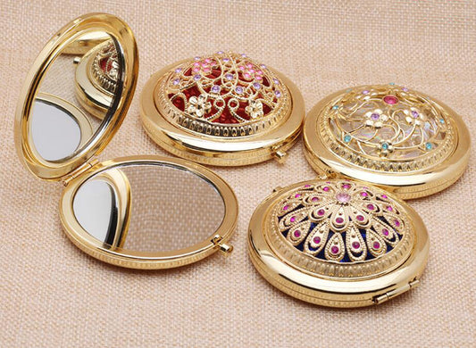Gold Color Foldable Vintage Makeup w/Rhinestone Bling Mirror