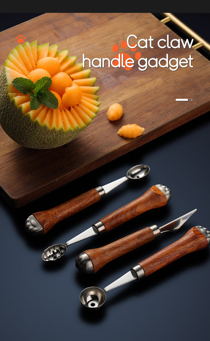 Oval Fruit Scoop Melon Scoop Ice Cream Scoop Fruit Gadget W/ Cat Claw Shaped Wood Handle
