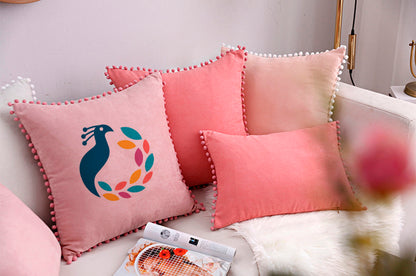 Full Printed 15 x 8" Pompoms Pillowcase Ball Tassel Trimmed Pompom Fringe Cute Pillowcase