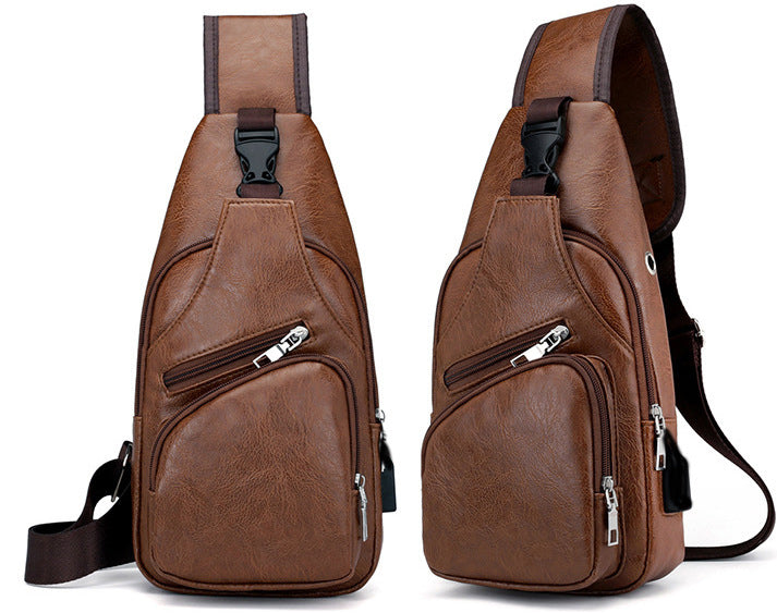 Men's PU Leather Sling Bag Chest Shoulder Backpack Crossbody Bag W/USB Charging Port