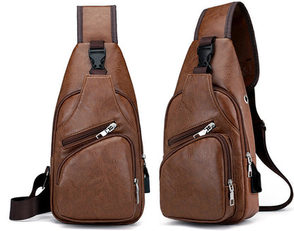 Men's PU Leather Sling Bag Chest Shoulder Backpack Crossbody Bag W/USB Charging Port