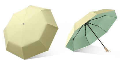 Windproof Solid Wood Handle Solid Color Three Fold Umbrella