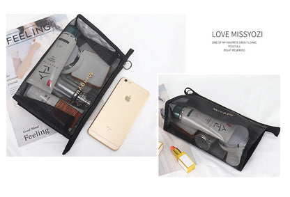 Non-waterproof Polyester Mesh Zipper Makeup Bag Handle Bag Transparent Pouch(Large)