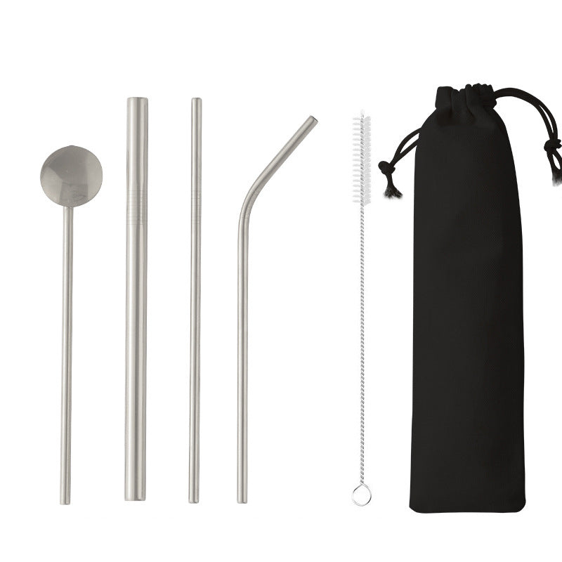 5-Piece 304 Stainless Steel Flatware Drinking Spoon Straw Tableware Set W/Drawstring Bag(Silver)