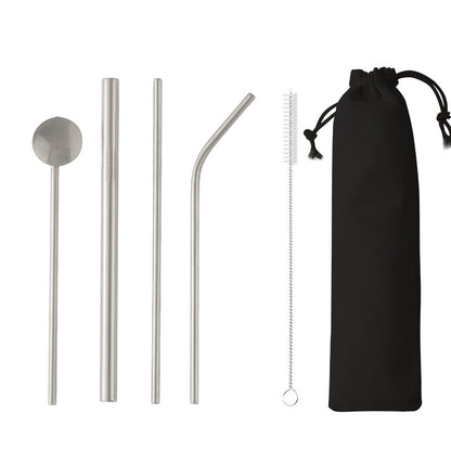 5-Piece 304 Stainless Steel Flatware Drinking Spoon Straw Tableware Set W/Drawstring Bag(Silver)