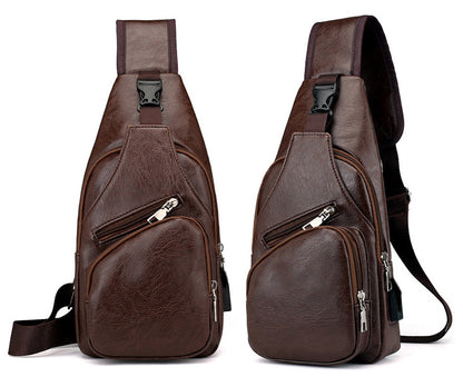 Men's PU Leather Sling Bag Chest Shoulder Backpack Crossbody Bag W/USB Charging Port