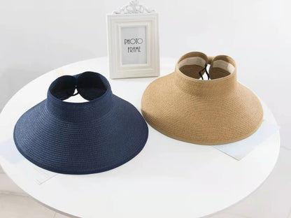 Foldable Straw Sun Visors for Women, Sun Protection Wide Brim Sun Hats Adjustable Topless Beach Hat