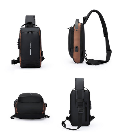 Men's Sling Bag Chest Shoulder Backpack Crossbody Bag W/USB Charging Port and Coded Lock