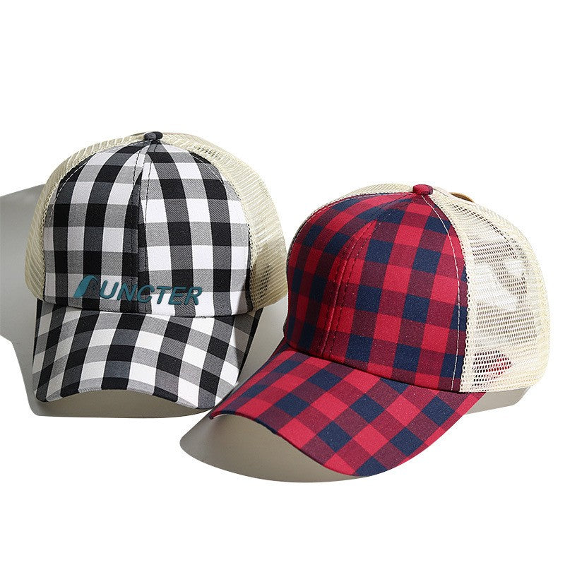 Embroidered Classic Plaid Ponytail Trucker Cap