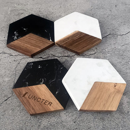 Hexagon Marble & Wood Coaster for Kitchen and Coffee Table Decor
