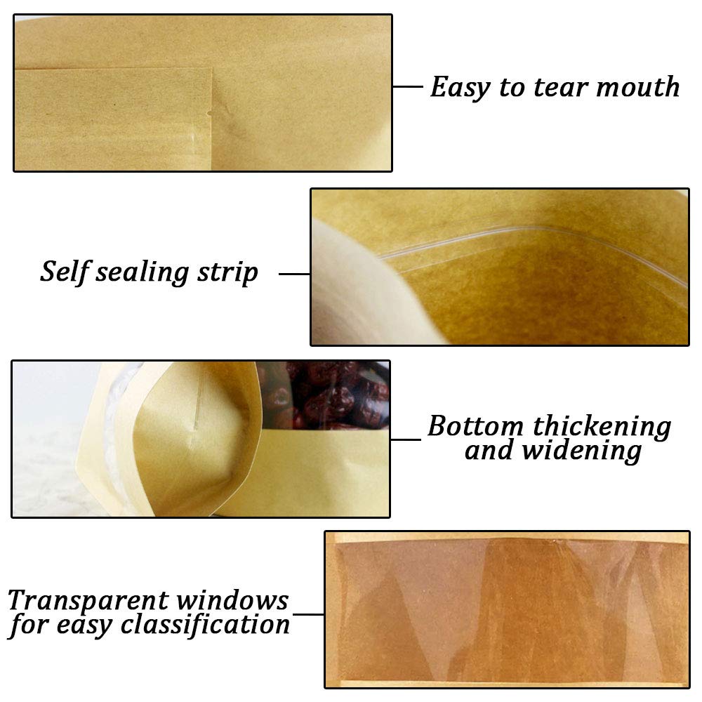 5.5 x 8.7" Kraft Bags with Window Stand Up Ziplock Seal Paper Bag Resealable Food Storage Pouch
