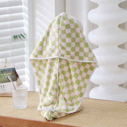 Microfiber Checkerboard Plaid Hair Towel Warp Hair Shower Cap Quick Dry Hair Turban with Button