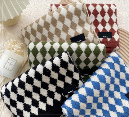 63" Polyester Checkerboard Plaid Scarf Cable Knitted Scarf Wrap Chunky Long Warm Scarf-Woven Label