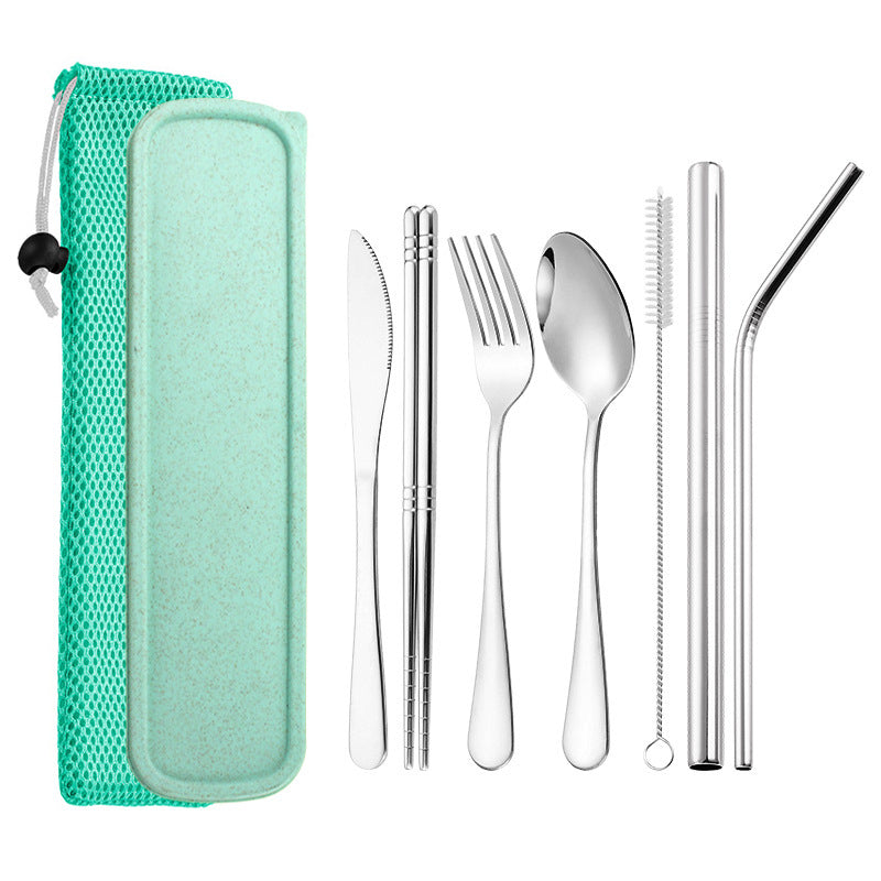 304 Stainless Steel Spoon Chopsticks Straw 7 Piece Tableware Set
