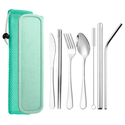 304 Stainless Steel Spoon Chopsticks Straw 7 Piece Tableware Set
