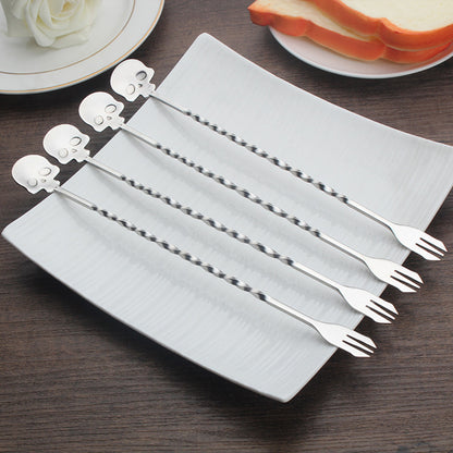 Skull Shape Stainless Steel Bar Cocktail Shaker Spoon Fork