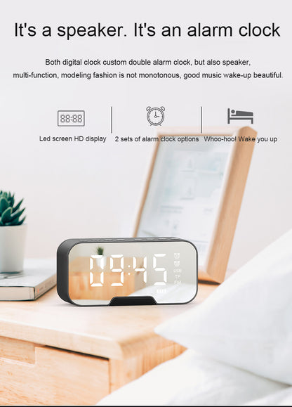2000 mAh Digital LED Mirror Radio Alarm Clock Wireless Speaker W/Phone Bracket