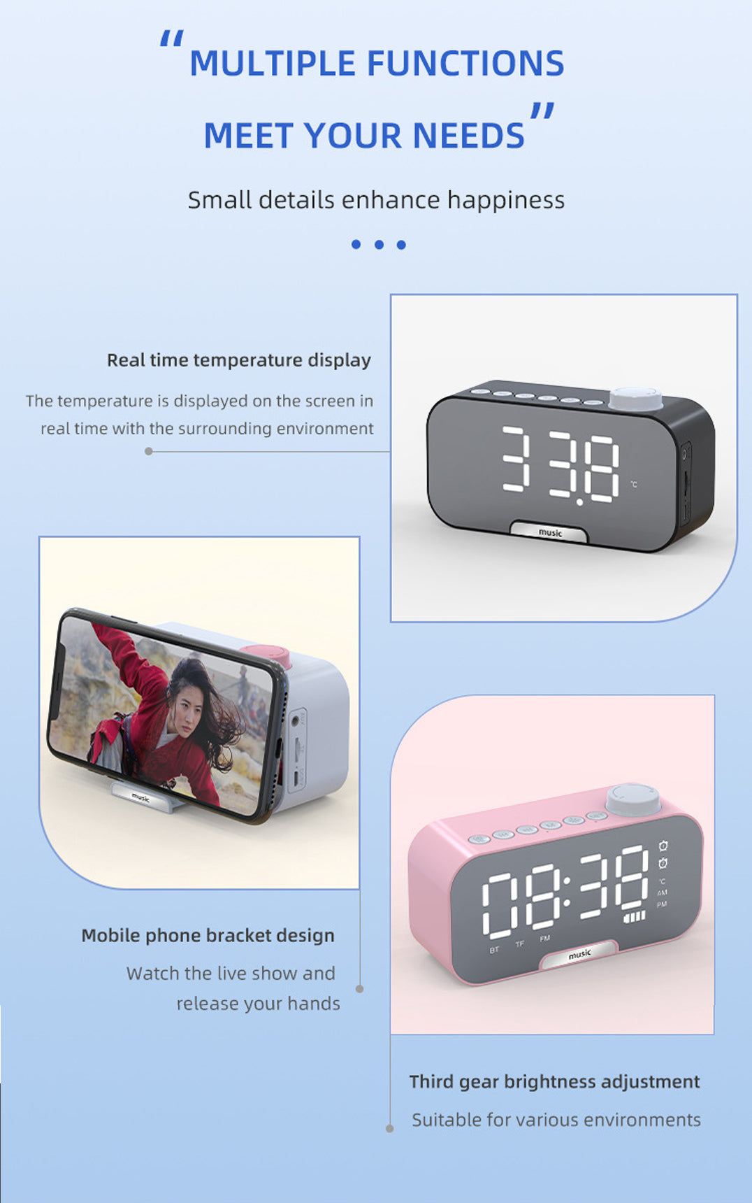 2000 mAh Digital LED Mirror Radio Alarm Clock Wireless Speaker W/Knob And Phone Bracket