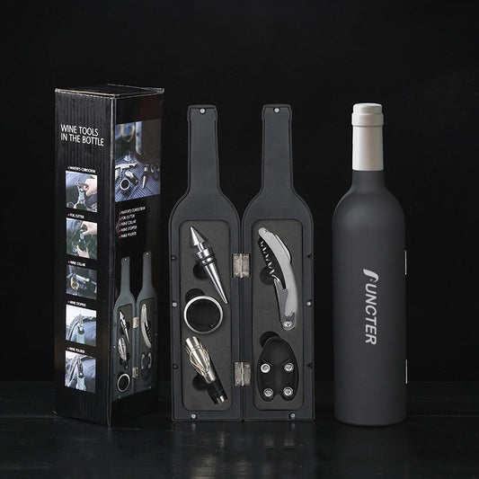 Wine Bottle Shaped Silver Neck Corkscrew Set (Colorful Box) -5 Piece