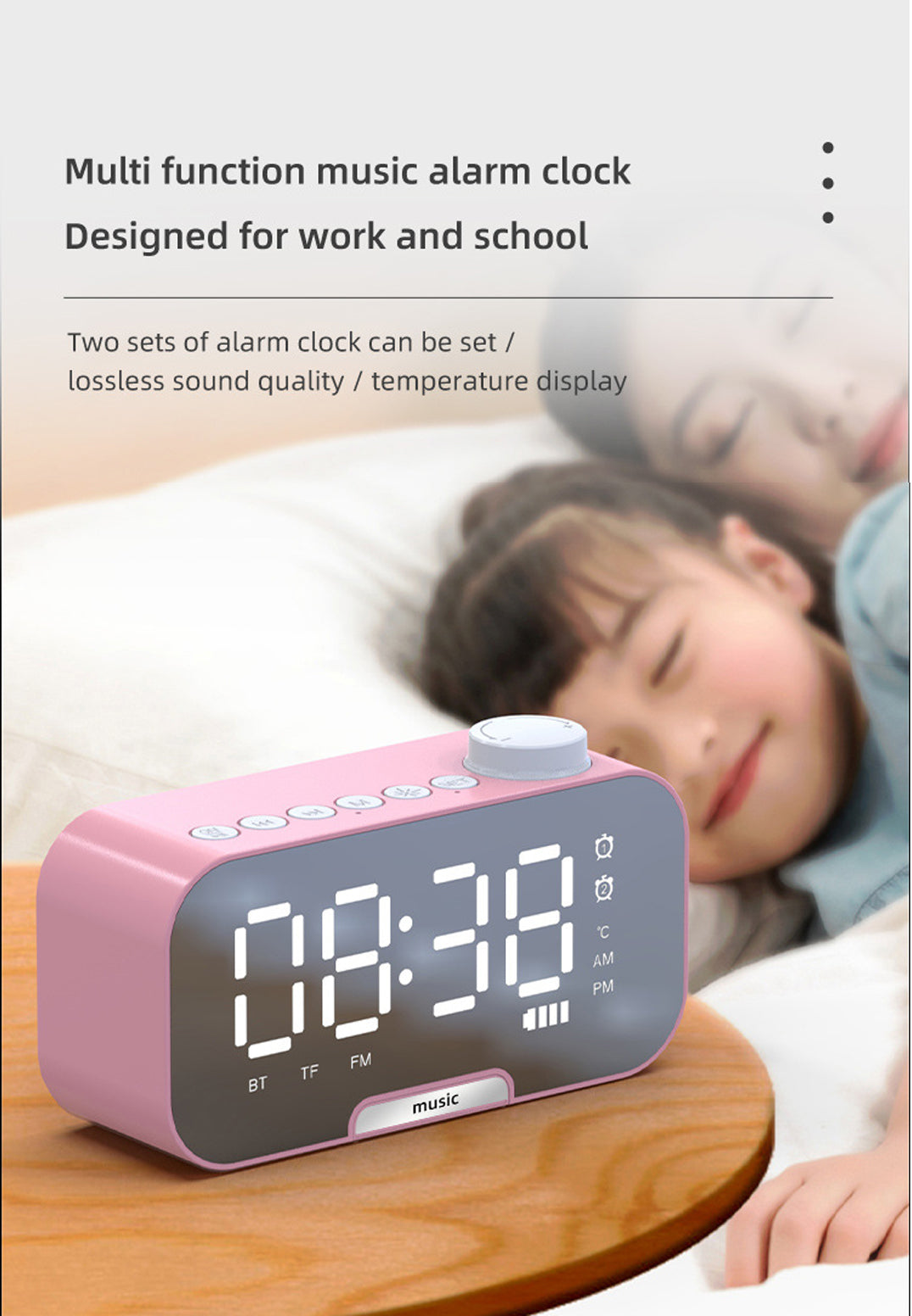 2000 mAh Digital LED Mirror Radio Alarm Clock Wireless Speaker W/Knob And Phone Bracket