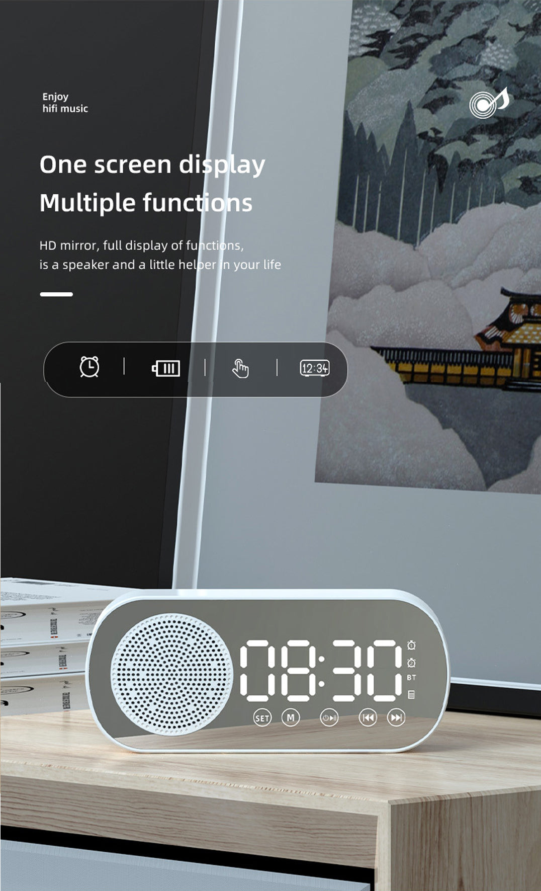 2000 mAh Digital LED Mirror Radio Alarm Clock Wireless Speaker