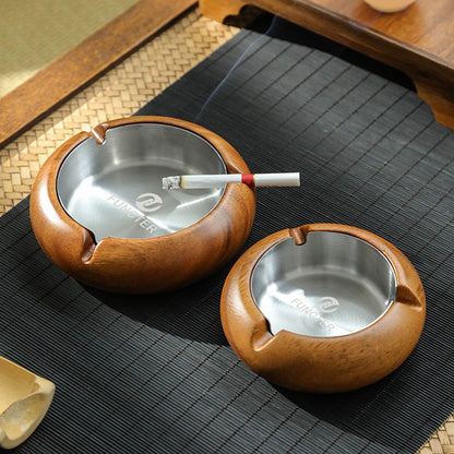 Wooden & Stainless Steel Round Ashtray - Small Size
