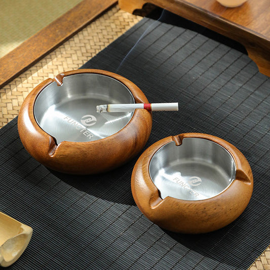 Wooden & Stainless Steel Round Ashtray - Small Size