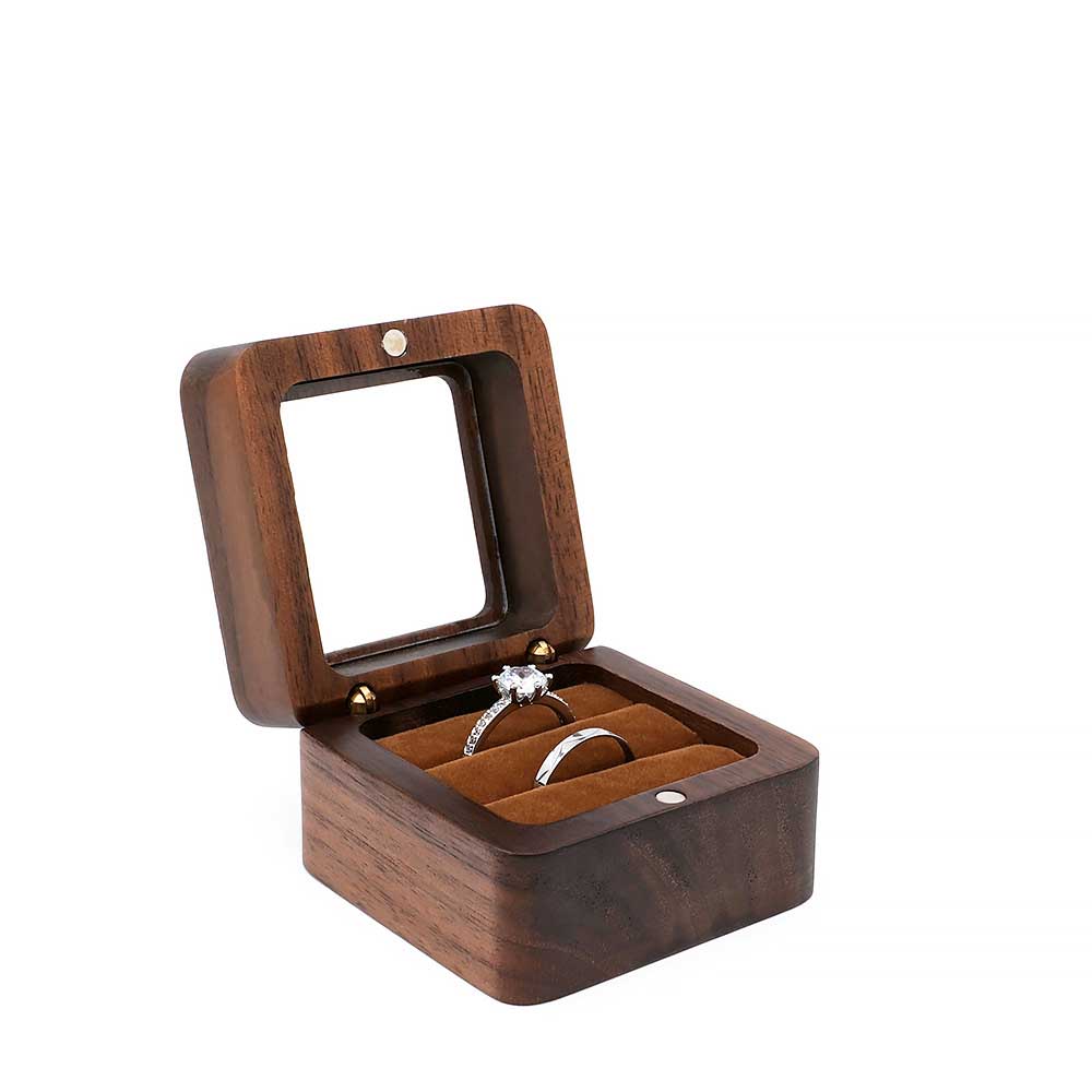 Rectangle Wooden Jewelry Ring Box W/ Window Cover