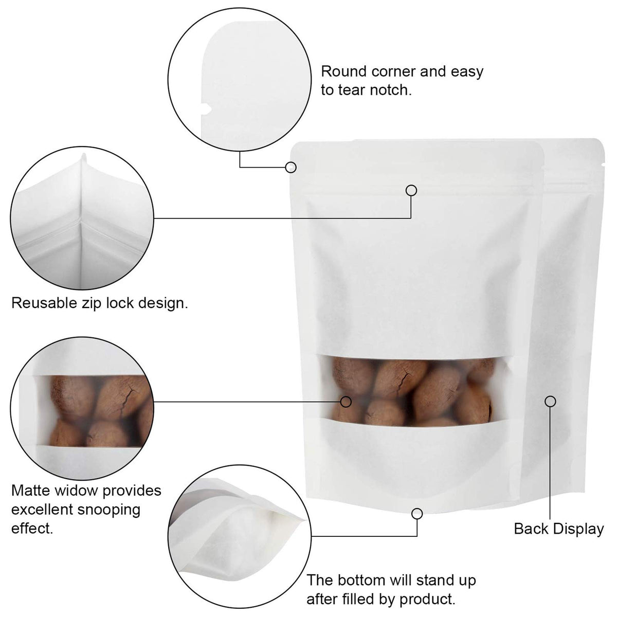 7.9 x 11.8" White Kraft Paper Bags W/Window Stand Up Ziplock Resealable Pouch Coffee Bag