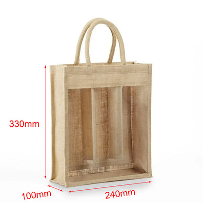 Eco-Friendly Burlap 3 Bottles Wine Bag Jute Wine Tote w/ Window