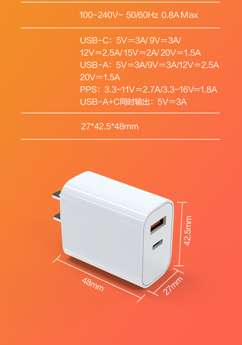 PD 30W + QC3.0 Dual Port Travel Charger W/ETL/FCC Certification