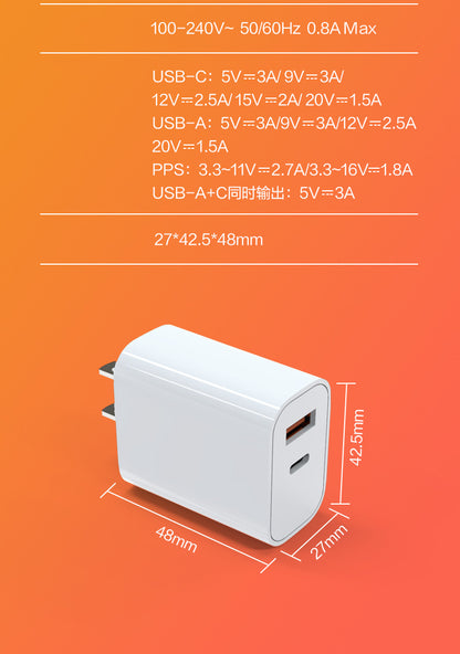 PD 30W + QC3.0 Dual Port Travel Charger W/ETL/FCC Certification
