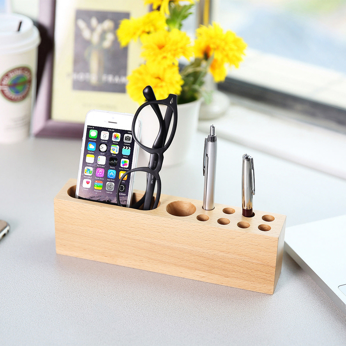 Cell Phone Stand W/Pen Storage Hole Natural Beech Wood Desktop Multi-functional Desk Organizer