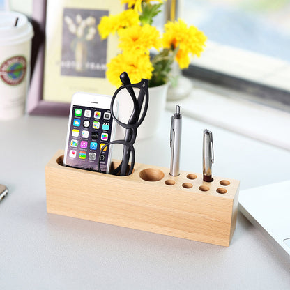 Cell Phone Stand W/Pen Storage Hole Natural Beech Wood Desktop Multi-functional Desk Organizer
