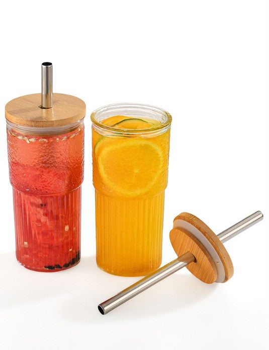 20 oz Drinking Glass Cup with Bamboo Lid and Stainless Steel Straw