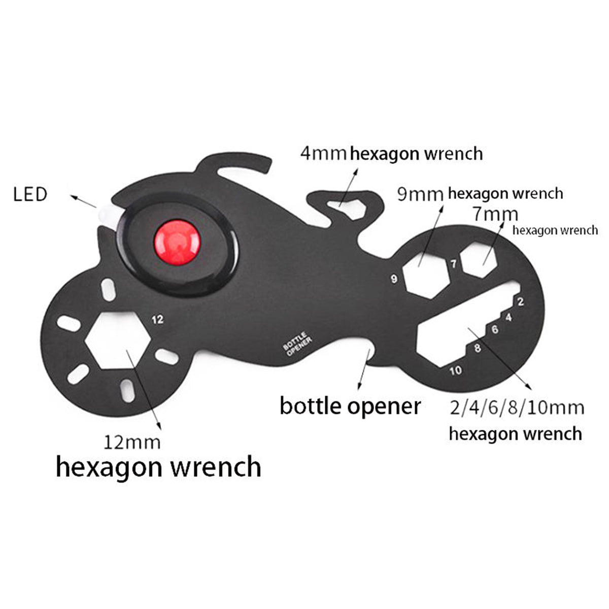 11" 1 Stainless Steel Motor Bike Shape Survival Pocket Credit Card Multitool w/ LED Light