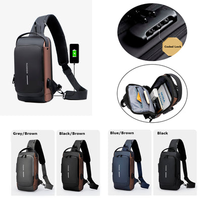 Men's Sling Bag Chest Shoulder Backpack Crossbody Bag W/USB Charging Port and Coded Lock