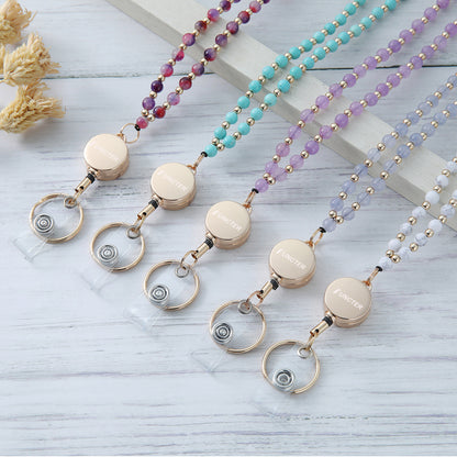 Natural Stone Beaded Necklaces Teacher Retractable Lanyard ID Badge Strap
