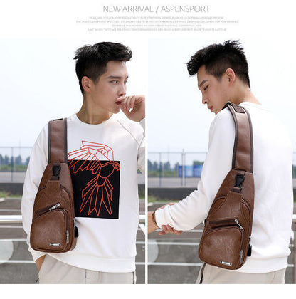 Men's PU Leather Sling Bag Chest Shoulder Backpack Crossbody Bag W/USB Charging Port