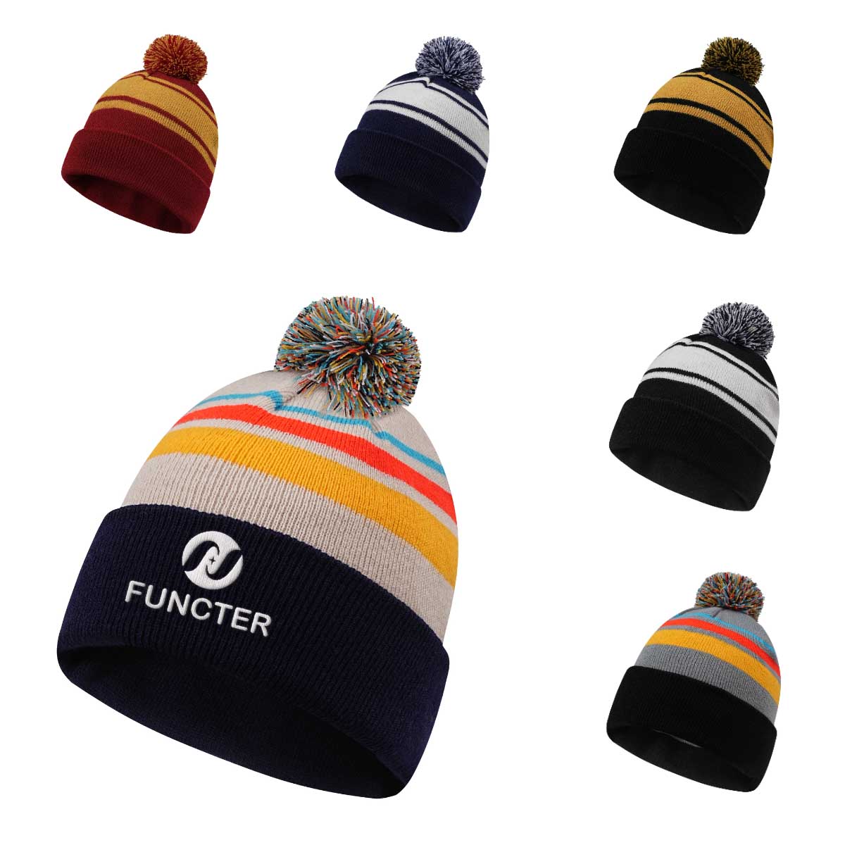 Colorful Striped Knit Hat W/ Pom-pom