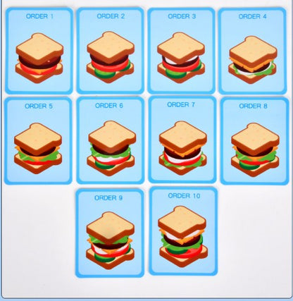 Wooden Sandwich/ Burger Stacking Toy Kids Pretend Play Food Set W/ Order Cards