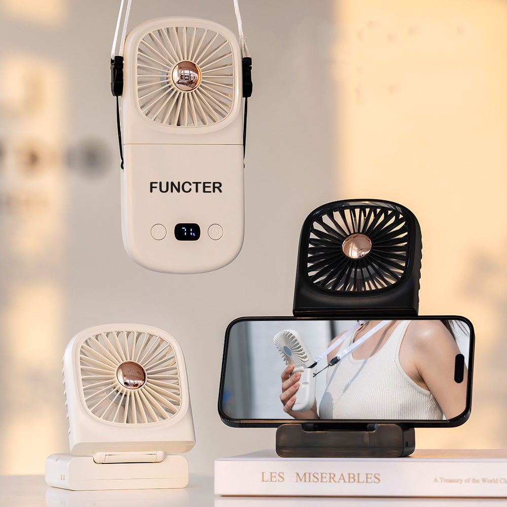 Foldable Mini Handheld Fan Digital Display Rechargeable Fan With Hanging Lanyard